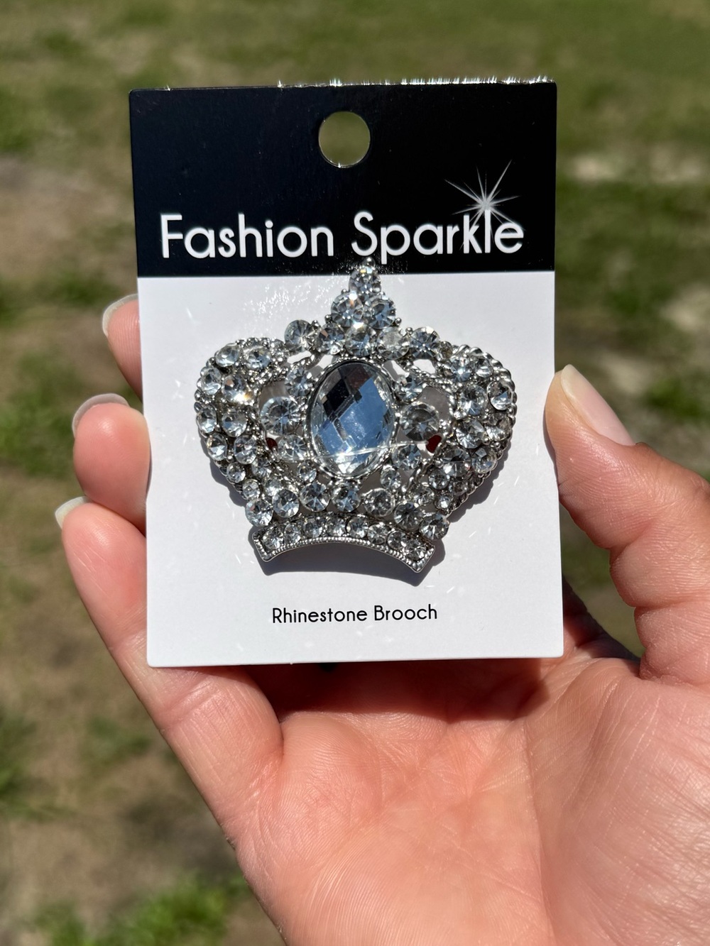 Silver Rhinestone Crown Brooch